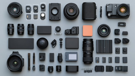 An organized layout of various photography items and accessories on a gray background, showcasing essential tools for photographers and videographers.の素材