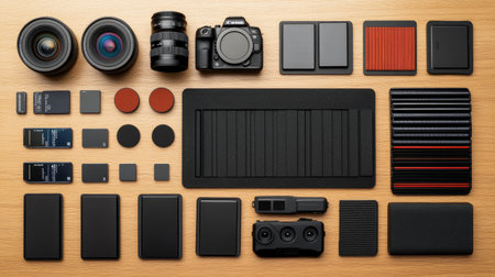 A flat lay arrangement of camera gear and accessories on a wooden table. Featuring lenses, a camera body, memory cards, and various equipment, ideal for photography enthusiasts.の素材