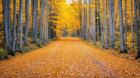 Experience the serene beauty of a tranquil autumn pathway surrounded by golden leaves and vibrant trees, inviting exploration and appreciation of nature.の素材