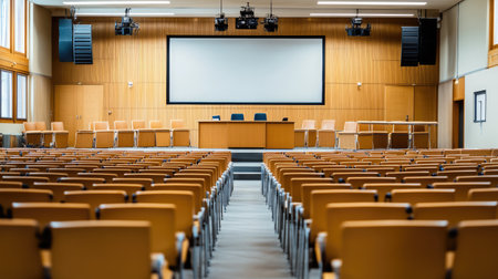 A spacious and modern conference hall featuring rows of empty seats, designed for presentations and meetings. Perfect for business events and gatherings.の素材