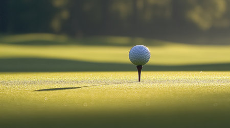 A serene close-up of a golf ball perched on a tee in the early morning light, emphasizing the beauty and tranquility of the outdoor golfing experience.の素材