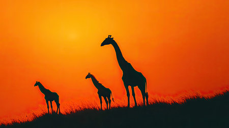 A tranquil scene featuring silhouettes of three giraffes against a stunning orange sunset. This image captures the beauty of wildlife in its natural habitat.の素材