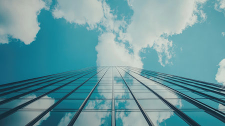 A striking view of a modern skyscraper reaching up toward a vibrant blue sky filled with fluffy clouds, showcasing the beauty of urban architecture.の素材
