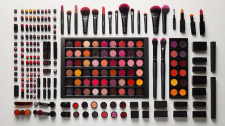 A vibrant and organized collection of makeup cosmetics, featuring lipsticks, palettes, brushes, and more. Perfect for beauty enthusiasts and professionals.の素材