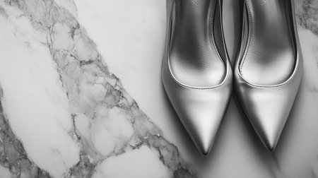 A pair of elegant silver high heels displayed on a sleek marble surface, highlighting luxury and style in footwear. Perfect for fashion-focused themes.の素材