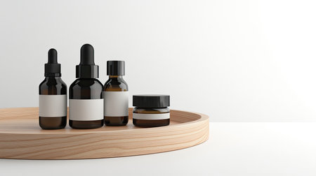A stylish arrangement of amber bottles and a jar on a wooden tray. Ideal for skincare, essential oils, and wellness products with blank labels for branding.の素材