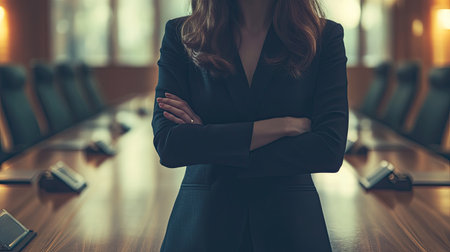 A confident businesswoman stands with arms crossed in an executive meeting room, exuding professionalism and leadership in a corporate environment.の素材