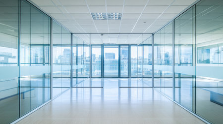 A modern office space featuring glass walls that allow natural light and a stunning city view. The design emphasizes cleanliness and professional aesthetics.の素材