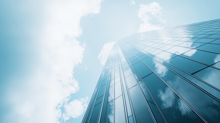 A stunning perspective of a modern skyscraper reaching towards a bright blue sky, capturing the reflective glass facade and soft clouds. Ideal for urban and architectural themes.の素材