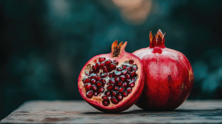 A beautiful arrangement of fresh pomegranates on a wooden surface, showcasing their vibrant red color and juicy seeds against a soft green backdrop. Perfect for food-related themes.の素材
