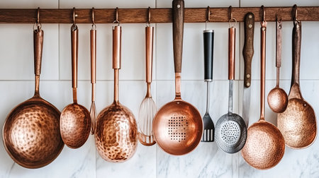 A collection of beautifully crafted copper utensils hanging on a wooden rack, showcasing their elegant design and texture in a stylish kitchen setting.の素材