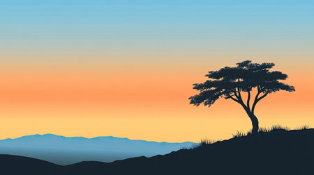 A beautiful sunset creates a vibrant gradient sky above a solitary tree silhouette. The peaceful scene captures the essence of nature and tranquility at dusk.の素材