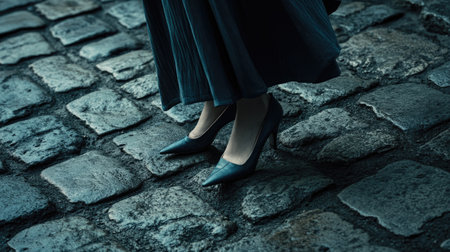 A close-up view of elegant heels on a cobblestone path, showcasing style and sophistication in an urban setting. Perfect for fashion-related themes.の素材