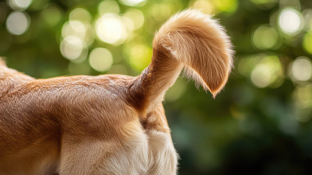A close-up view of a dog's tail showcasing its soft fur against a natural bokeh background, capturing the essence of joy and playfulness in pets.の素材