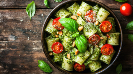 A vibrant bowl of pesto pasta featuring fresh cherry tomatoes and basil. This dish embodies a healthy, gourmet meal perfect for any occasion.の素材