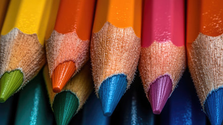 A close-up view of vibrant colored pencils showcasing various hues, perfect for artistic projects, creative expression, and educational use in crafts.の素材