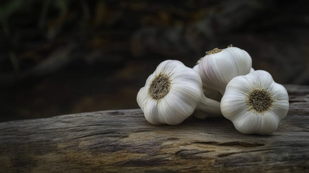 Close-up of fresh garlic bulbs resting on a rustic wooden surface. This image highlights the natural beauty and versatility of garlic in cooking and health.の素材