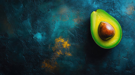 A vibrant cut avocado showcasing its rich green color and brown seed against a dark textured background, perfect for food and health themes.の素材