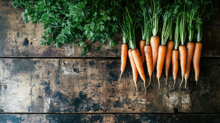A beautiful arrangement of fresh carrots with green tops on a rustic wooden table, showcasing a vibrant and healthy vegetable ideal for cooking and recipes.の素材