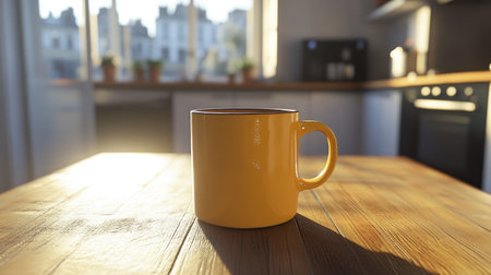A vibrant yellow mug sits on a wooden table in a cozy kitchen, bathed in warm sunlight, creating a perfect morning atmosphere for relaxation.の素材