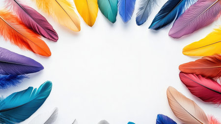 A stunning arrangement of colorful feathers in a circular layout on a white surface, offering a vibrant and artistic vibe perfect for decoration or design projects.の素材