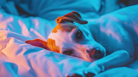 A calm dog relaxes on a cozy bed, illuminated by soft lighting. This peaceful scene captures the serenity and companionship of a beloved pet.の素材