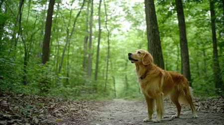 A golden retriever stands proudly in a vibrant green forest, enjoying the tranquil surroundings. This image captures the essence of adventure and companionship in nature.の素材
