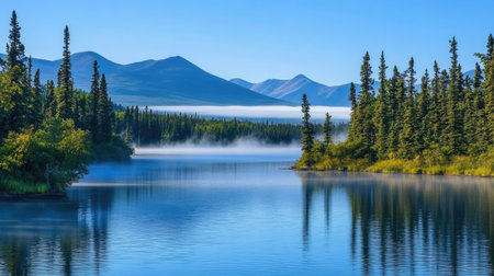 A serene mountain lake surrounded by tall pines and mist. The clear blue sky reflects on the calm water, creating a peaceful outdoor escape.の素材