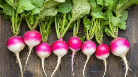 Colorful fresh radishes with green leaves arranged on a rustic wooden surface, showcasing their vibrant colors and natural beauty, perfect for healthy cooking.の素材
