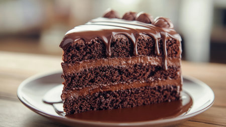 A tempting slice of chocolate cake drizzled with rich chocolate icing, served on a plate. Perfect for dessert lovers and special occasions.の素材