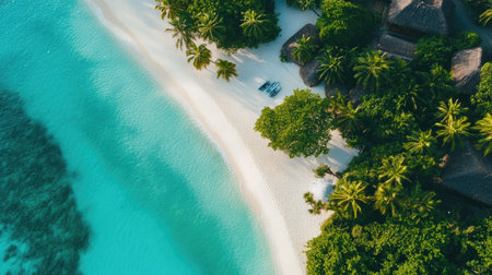 A stunning aerial view of a secluded tropical beach, featuring golden sand and crystal-clear turquoise water surrounded by lush green palm trees. Perfect for travel and relaxation.の素材