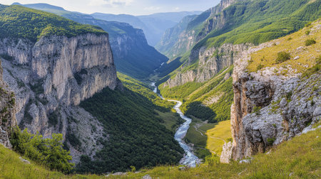 Majestic river valley flows between towering cliffs, surrounded by vibrant greenery. An ideal location for photography, relaxation, and outdoor adventures.の素材
