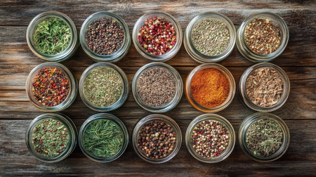 A beautiful display of assorted spices and herbs in glass jars, arranged on a rustic wooden surface, perfect for culinary inspiration and recipes.の素材