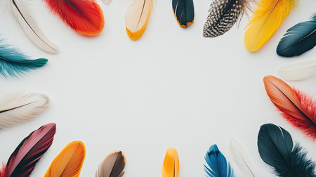 A vibrant display of colorful feathers arranged in a circular layout, perfect for creative projects, art compositions, or nature-themed designs.の素材