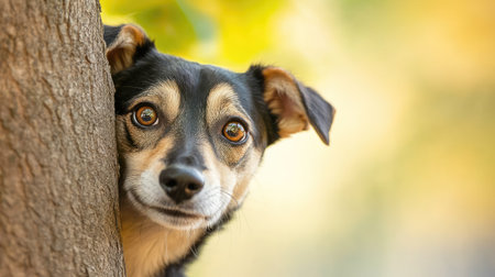 A curious dog peeks around a tree, showcasing a stunning expression. The warm sunlight highlights its features amidst a serene natural backdrop.の素材