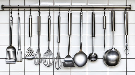 A collection of stainless steel kitchen utensils neatly hanging on a wall rack. Ideal for both culinary enthusiasts and professional chefs.の素材