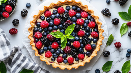 Delight in this fresh berry tart adorned with raspberries, blueberries, and blackberries, topped with mint leaves, perfect for summer gatherings.の素材