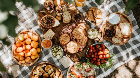 Enjoy a vibrant picnic scene featuring an assortment of fresh fruits, bread, and snacks beautifully arranged on a checkered blanket under sunlight.の素材