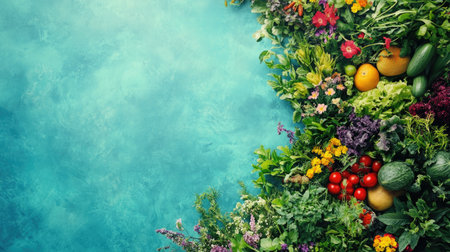 A vibrant arrangement of fresh vegetables, herbs, and flowers on a blue background, showcasing the beauty of nature and healthy eating. Perfect for food-related projects.の素材