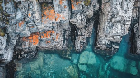 This aerial view showcases a vibrant rocky shoreline with clear aqua water. The unique textures and colors create a stunning natural landscape perfect for outdoor enthusiasts.の素材