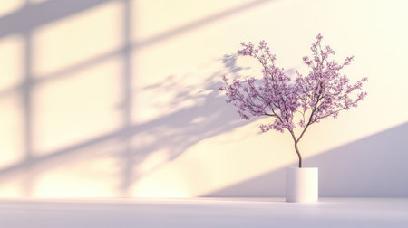 A serene flowering tree in a minimalist pot casts soft shadows. This tranquil scene showcases nature's beauty, perfect for modern interior designs.の素材
