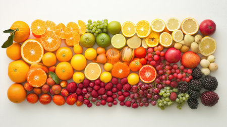 Vibrant assortment of fresh fruits arranged on a white background, showcasing a spectrum of colors and textures, perfect for healthy food concepts.の素材