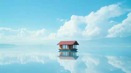 A tranquil scene featuring a floating house on calm waters, surrounded by a bright blue sky and fluffy white clouds. Ideal for relaxation and nature.の素材