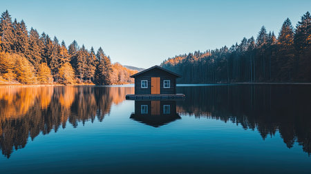 A tranquil lake house nestled in a serene landscape, reflecting beautifully on calm waters. Surrounded by vibrant autumn trees, this idyllic scene offers peace and solitude, perfect for nature lovers.の素材