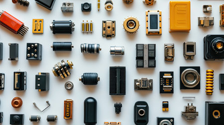 Explore a diverse assortment of vintage components arranged creatively. This flat lay showcases intricate details and textures, perfect for technology and design projects.の素材