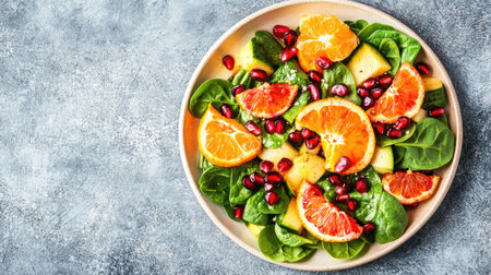 Bright and vibrant salad featuring fresh spinach, juicy orange slices, and pomegranate seeds on a neutral background, perfect for healthy meals.の素材