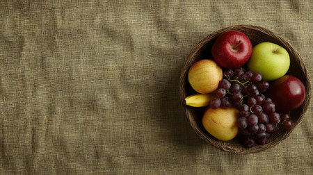 A beautiful arrangement of fresh fruits in a woven basket, featuring apples, grapes, and a banana, set against a rustic fabric background. Ideal for healthy living themes.の素材