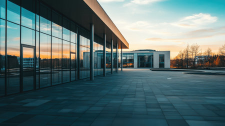 A stunning view of modern architecture featuring large glass panels reflecting the sunset. The tranquil urban landscape exudes symmetry and contemporary design.の素材