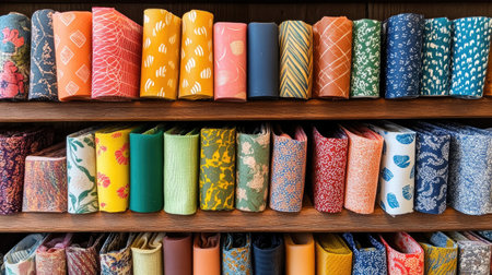 A vibrant display of books with diverse patterns neatly arranged on a wooden shelf, showcasing various colors and textures suitable for artistic inspirations.の素材