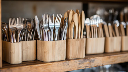 A beautifully arranged collection of cutlery in bamboo holders, showcasing a mix of silverware including forks, knives, and spoons. Ideal for kitchen decor or dining settings.の素材